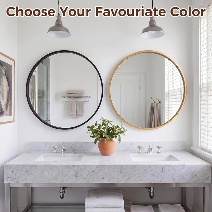 Sweetcrispy 30 Inch Round Wall Mirror, Bathroom Mirrors for Over Sink | Matte Metal Framed, Wall Decor for Bedroom, Entryway, Anti-Rust, Tempered Glass, Hanging or Leaning, Black