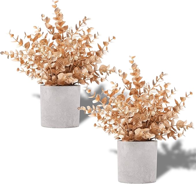 Coferset 2 Pack Small Fake Plants Eucalyptus Potted,Gold | Small Space Artificial Plants for Bathroom Shelf Office Desk Home Farmhouse Room Coffee Table Tray Christmas Decor