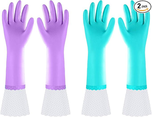 Elgood Reusable Long Dishwashing Cleaning Gloves with Latex Free, Long Cuff,Cotton Lining,Kitchen Gloves 2 Pairs,Purple+Blue Medium