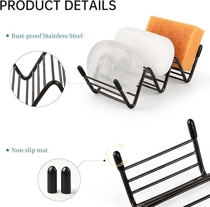 Stainless Steel Soap Dish Self Draining Bar Soap Holder, Black | Reversible Design Fits 2-3 Bars, Rustproof, Easy to Clean, Space Saving, Non Slip, for Bathroom, Shower, Kitchen