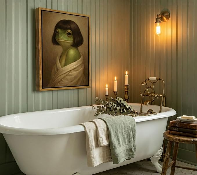 Floating Framed Whimsical Frog Canvas Wall Art, Funny Bathroom Frog Wall Decor, Eclectic Animal Print Poster, Vintage Abstract Animal Picture Artwork for Bathroom, Bedroom Home Decoration, 12x16in