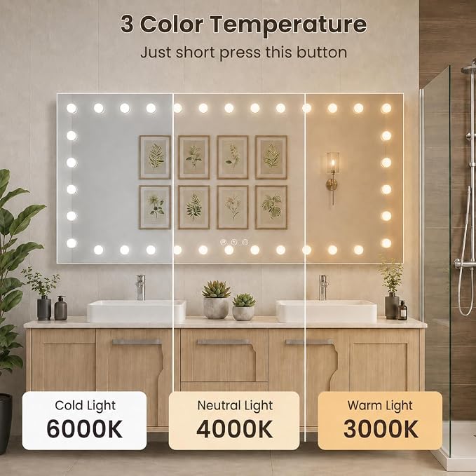 WTTY 84"x40" Hollywood Vanity Mirror with Lights | Wall Mounted Makeup Mirror, 3 Color Temperatures, Stepless Dimmable Bulbs, Anti-fog, Tempered Glass, Shadow-free