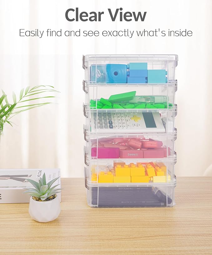 Sooez 6 Pack Extra Large Pencil Box, Plastic Pencil Case Crayon Box | Clear Marker Organizer Plastic Containers with Lid, Stackable Storage Boxes for Art Craft,Back to School Supplies, Pink