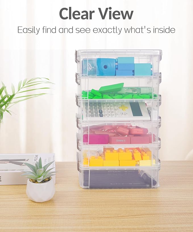 Sooez 6 Pack Extra Large Pencil Box, Plastic Pencil Case Crayon Box | Clear Marker Organizer Plastic Containers with Lid, Stackable Storage Boxes for Art Craft,Back to School Supplies, Black