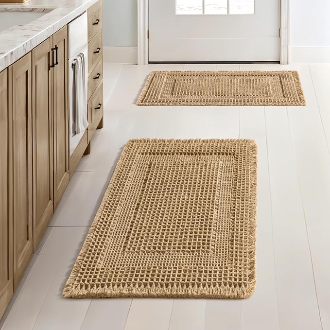 MIULEE Set of 2 Waffle Bathroom Rugs Brown Boho Bath Mat 17x24 in | Looped Design, Super Absorbent, Non Slip, Washable, Ultra Soft, Rubber Backed, Bathroom Mats for Floor Tub Shower