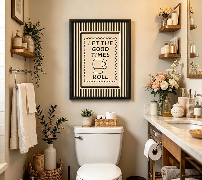 Black Floating Framed Let The Good Times Roll Bathroom Canvas Wall Art Funny Toilet Quote Painting Picture Wall Decor Downstair Stripes Bathroom Poster Print Artwork for Toilet Home Decoration 8x10in