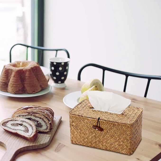 Sumnacon Large Tissue Box Cover Rectangle Seagrass Tissue Holder,Caramel | Decorative Tissue Box Cover Rectangular with Lid for Bathroom Woven Tissue Box Holder for Home Office Table Fits Up to 230T
