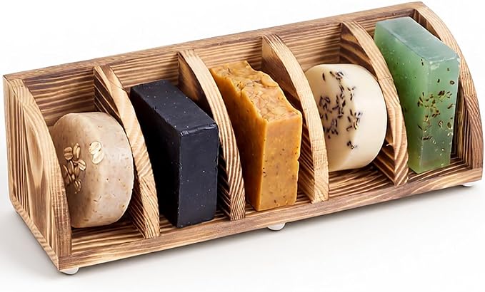 Wooden Shampoo Bar Holder Multi Bar Soap Dish with Self Draining, 5 Slot, Natural Soap Holder for Shower Conditioner Bathroom Organizer, Keep Dry and Neat, 10.24 x 3.35 x 3.15 inch