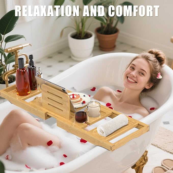 Bathtub Tray Caddy, Bamboo Expandable Bath Tray for Tub | Foldable Bath Table Trays, Bathtub & Bathroom Accessories for New Home & Mothers, Birthday Gifts for Mom, Natural