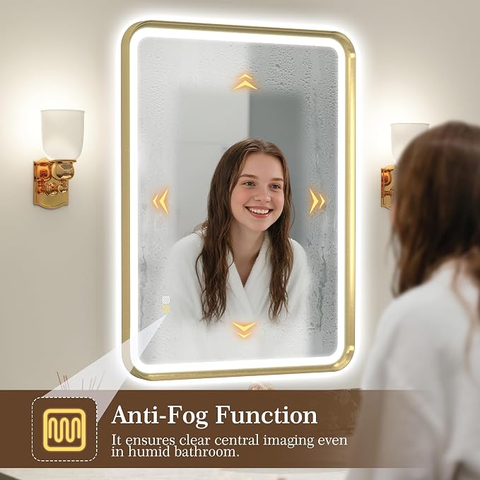 S'bagno 32X24 Gold LED Mirror for Bathroom with Frontlit & Backlit, LED Bathroom Mirror with Metal Frame, Anti-Fog, Stepless Dimmable, 3 Colors Temperature LED Vanity Mirror(Horizontal/Vertical)