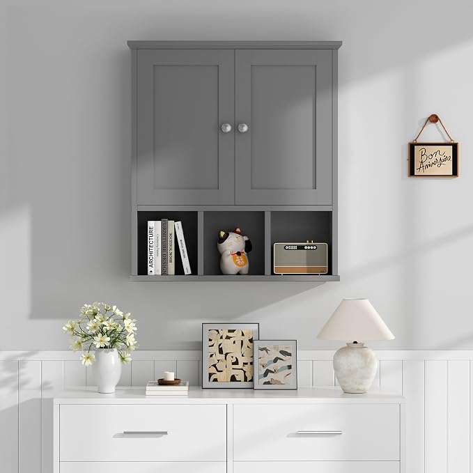 Shintenchi Bathroom Medicine Cabinet, Wall Mounted, Adjustable Shelf, Gray | Over The Toilet Cupboard, Open & Concealed Storage, 2 Magnet Doors, Space-Saving, Easy to Clean