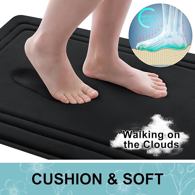 Grandaily Memory Foam Bath Mat Rug 47x32, Ultra Soft, Non-Slip and Absorbent Bathroom Rugs, Machine Wash Dry, Comfortable Bath Carpet for Bathroom Floor, Tub and Shower, Black