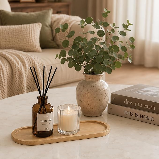 SheeChung Bathroom Counter Tray, Small Bamboo Vanity Tray - 10.3" x 3.6" | 2 Pack, Decorative Kitchen Countertop Organizer for Soap Dispenser, Perfume, Jewelry, Catchall, Makeup, Candle, Coffee Table