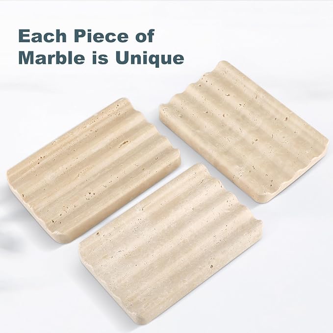 Karibiber Marble Soap Dish, Beige Travertine Bar Soap Holder Shower, Large Bathroom Soaps Saver, Easy Cleaning Natural Stone Sponge Holder for Kitchen Sink, Executive Jewelry Ring Tray