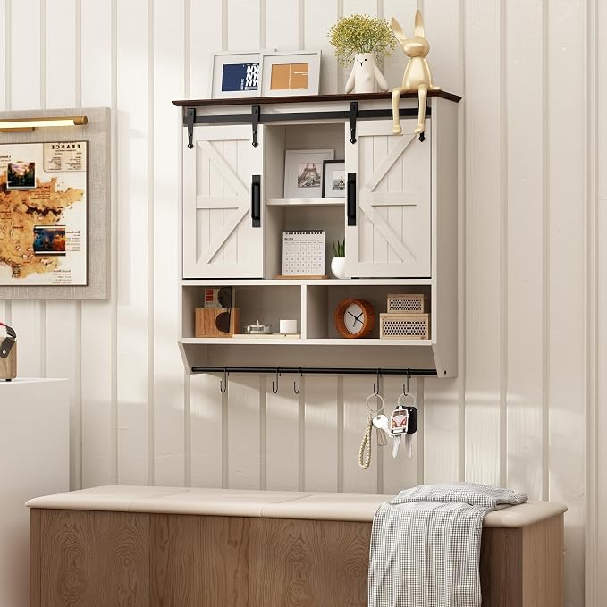 RUSTOWN Farmhouse Bathroom Wall Storage Cabinet with Sliding Barn Doors | 3-Tier, Rustic Wood Wall Mounted Cabinets, Vintage Medicine Cabinet, Adjustable Shelves, Over The Toilet Storage Cabinet