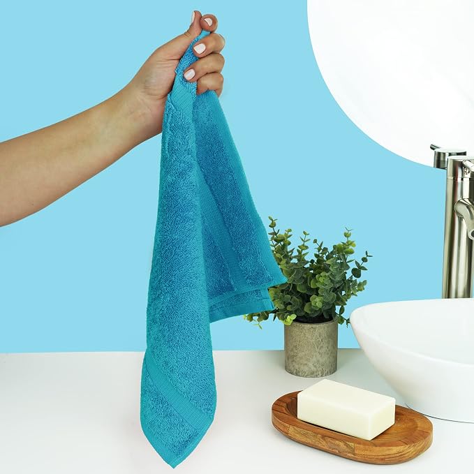 Chakir Turkish Linens 12 Piece Washcloth Set, 100% Cotton Luxury Turkish Washcloths for Bathroom, Soft Absorbent Washcloths, 13 x 13 Inches, Aqua