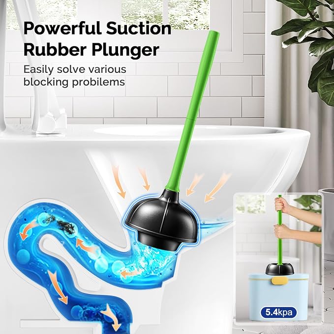 HAMITOR Toilet Plunger Bowl Brush Combo：Heavy Duty Rubber for Drain Clog | Curved Design Bristles for Deep Cleaning Under Rim - Compact Bathroom Cleaning Tools for New Homet Essentials, Green