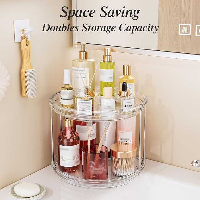 LAMU 3 Pack 10.6'' 2-Tier Lazy Susan Turntable Organizer Rotating Spice Rack Organization for Cabinet, Kitchen, Pantry, Countertop, Bathroom, Vanity, Makeup Organizer, Clear
