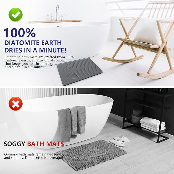 Fast Drying Stone Bath Mats for Bathroom, Non-Slip Diatomaceous Earth Bath Mat, Super Absorbent Bath Mat Stone (23.6''×15.4" Dark Gray Arcana)
