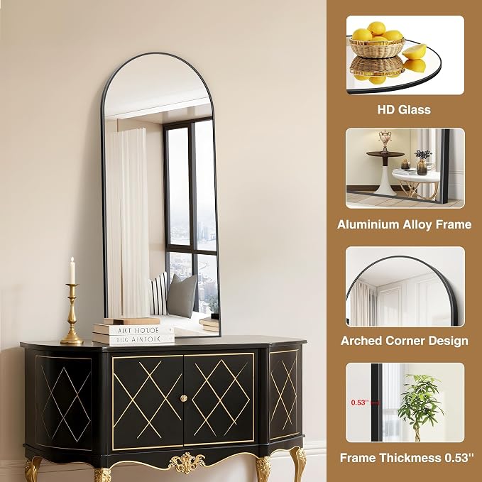COFENY Arched Mirror, 20’x48’’ Black Arch Mirror for Bathroom, Arched Bathroom Mirror with Frame, Modern Wall Mounted Mirror for Over Sink Mantle Bedroom Vanity Living Room Entryway