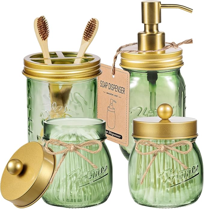 Amolliar Green Glass Bathroom Accessories Set, 4Pcs Mason Jar Bathroom Set | (Gold)Lotion Soap Dispenser, Toothbrush Holder, 2 Qtip Holders, Bathroom Countertop Storage, Bathroom Home Decor Organizer