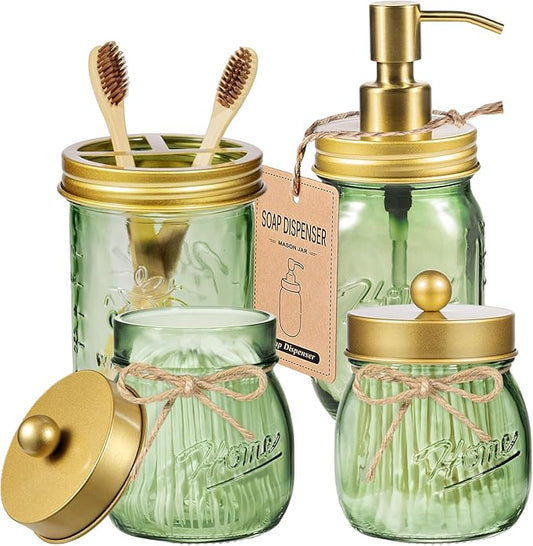 Amolliar Green Glass Bathroom Accessories Set, 4Pcs Mason Jar Bathroom Set | (Gold)Lotion Soap Dispenser, Toothbrush Holder, 2 Qtip Holders, Bathroom Countertop Storage, Bathroom Home Decor Organizer