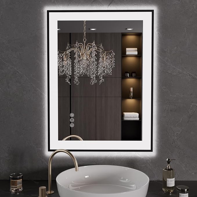 LOAAO 24"X32" LED Bathroom Mirror Black Framed | Anti-Fog, Dimmable, Memory Function, Tempered Glass, Lighted Vanity Mirror for Wall