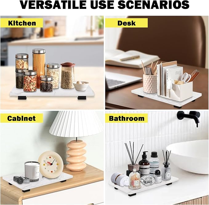 Bathroom Vanity Tray and White Marble Kitchen Soap Tray, Luxurious Small Accessory for Table/Countertop (Black-Rectangle, 10" x 6" x 1")