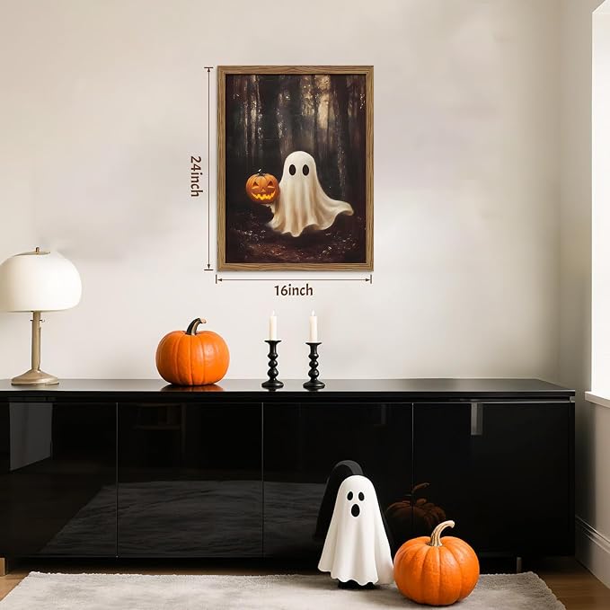 Vintage Halloween Ghost Wall Art, Gothic Cute Ghost Pumpkin Canvas Wall Decor Paintings, Dark Academia Spooky Fall Forest Prints Pictures for Living Room Bedroom 16x24 Inch Framed