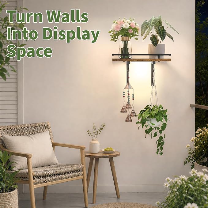 LASZOLA Wall Plant Shelves Floating Hanger Holder with Grow Lights, Brown | Window Stand with Hooks, Metal and Wood, Flower Hanging Display Rack for Indoor Bedroom Living Room Bathroom Kitchen Decor