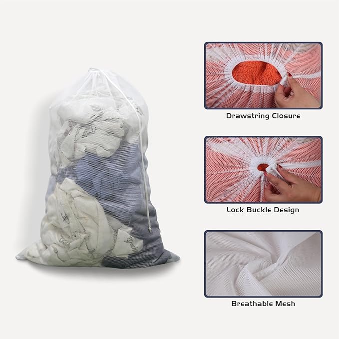 2-Pack Large Mesh Laundry Bag, 24x36 Inch White | Heavy-duty mesh, lockable drawstring, Laundry Hamper Liner. Machine washable. For balls, toys, travel, sports, dorms.