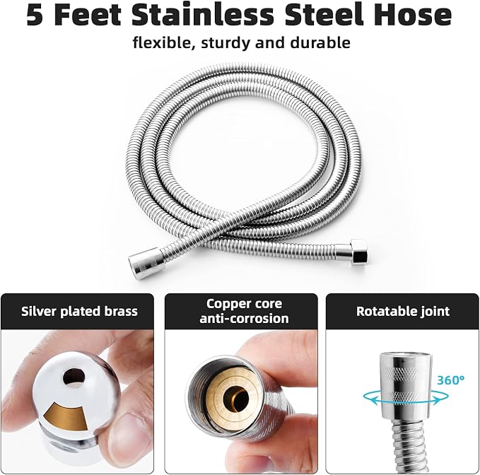 Marbrasse 3-Settings Handheld High Pressure Showerhead with ON/Off Full Shutoff Push Button,Water-saving Camping Shower with Adjustable Angle(Vacuum Suction Shower Head Holder+5 Feet Shower Hose)