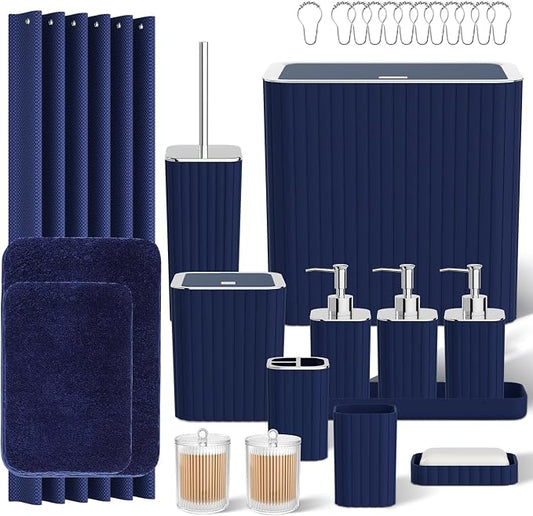 Bathroom Accessory Set - Bathroom Set, 12PC Bathroom Accessories Set, Blue Bathroom Accessories Set, Mini Trash Can, Toilet Brush, Trash Can & Soap Dispenser