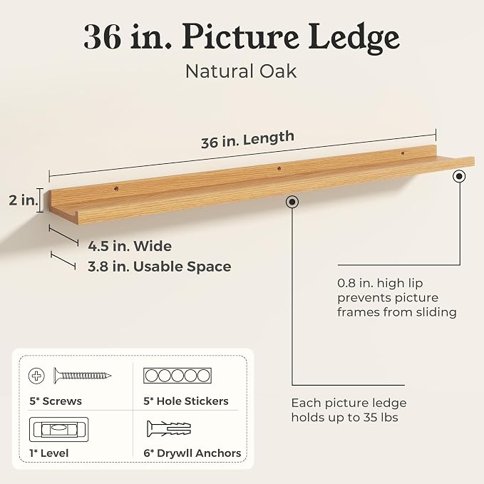 Oak Picture Ledge Shelves for Wall, 4.5" Deep Wood Floating Shelves with Lip for Bedroom, Living Room, 36" Width, Color Oak Set of 2