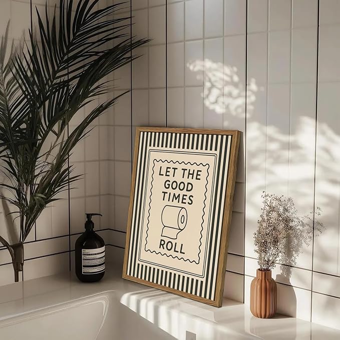 Let the Good Times Roll Bathroom Wall Art Funny Black and White Stripe Restroom Quote Wall Decor Vintage Toilet Paper Sign Poster Canvas Painting Prints 16x24 inch Wood Framed