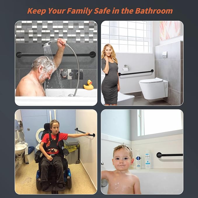 Black Safety Bar 32 Inch, Shower Grab Bar for Senior | Anti-Slip Knurled Grip, 1.25" Diameter, Stainless Steel Bathroom Handrail for Elderly, Handicap Support Bars, Wall Mounted