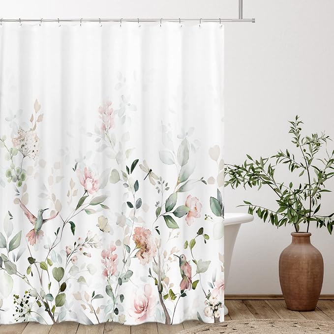 Tititex Aesthetic Blooming White Floral Shower Curtain Sets, Watercolor Pink Flowers Birds Butterflies Tropical Bathroom Decorative 71 X 78 Inch Polyester Waterproof Fabric Bath Curtain with Hooks