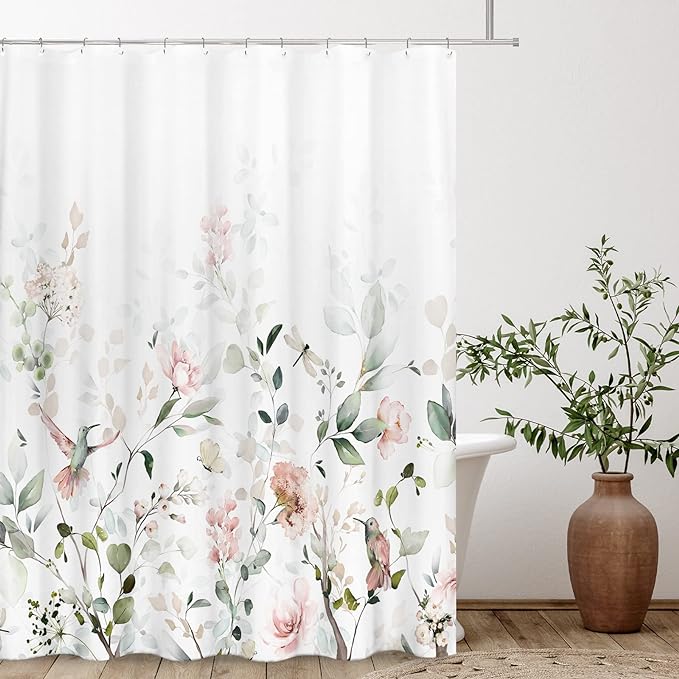 Tititex Aesthetic Blooming White Floral Shower Curtain Sets, Watercolor Pink Flowers Birds Butterflies Tropical Bathroom Decorative 71 X 78 Inch Polyester Waterproof Fabric Bath Curtain with Hooks