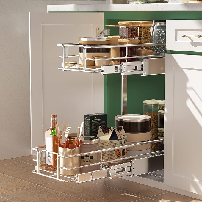 LOVMOR 2 Tier Individual Pull Out Cabinet Organizer 7.5" W x 21.5" D, Slide Out Kitchen Cabinet Storage Sliding Shelves