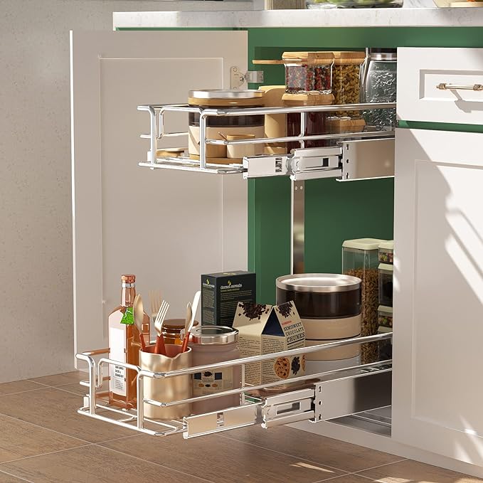 LOVMOR 2 Tier Individual Pull Out Cabinet Organizer 9" W x 21½" D, Slide Out Kitchen Cabinet Storage Sliding Shelves