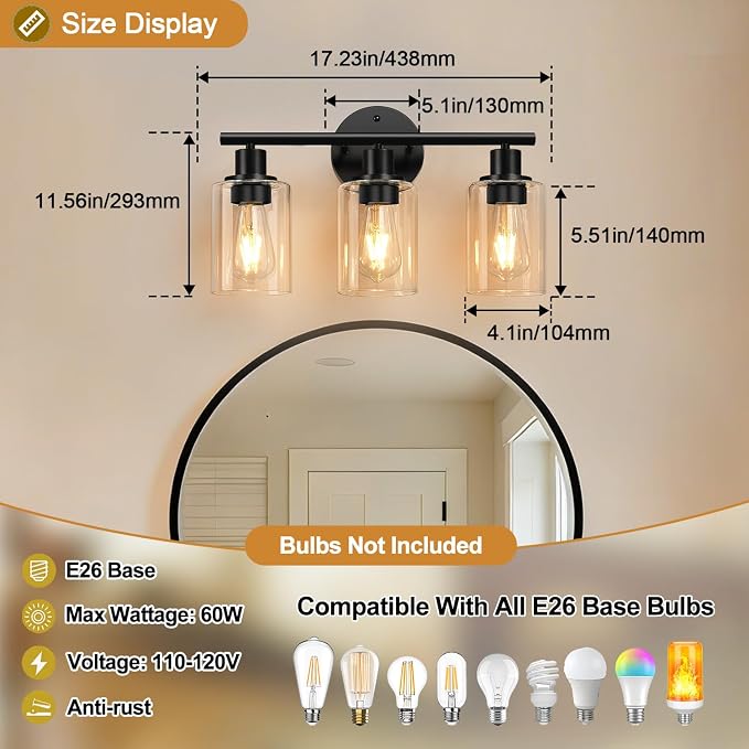 Zarbitta 3-Light Bathroom Light Fixtures, Black Modern Vanity Lights with Amber Glass Shades, Bathroom Wall Lamp for Mirror Kitchen Living Room Hallway Cabinet Porch