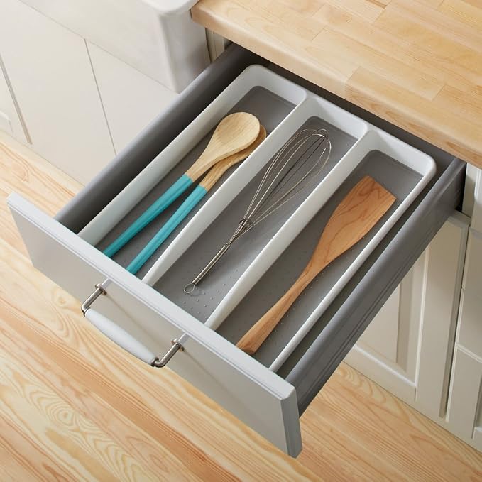madesmart Classic 3 Compartment Utensil Tray, White | non slip feet, rounded corners, soft grip lining, wide channels, spatulas whisks tongs, ladles serving spoons, woman owned