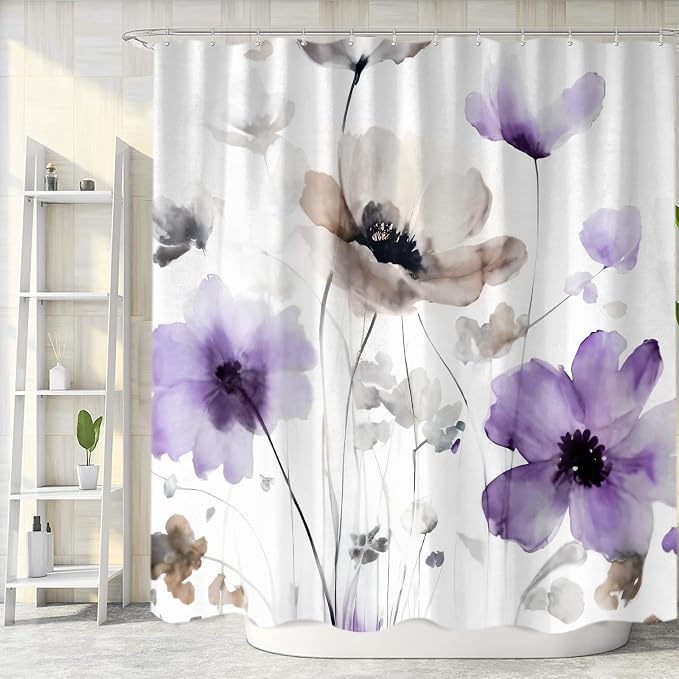 Sanzugh Boho Floral Shower Curtain, Cream Tan Beige Purple Grey White Flower Farmhouse Fabric Shower Curtains Set for Bathroom Decorative with Hooks 72 X 72 inch Spring Bath Decor