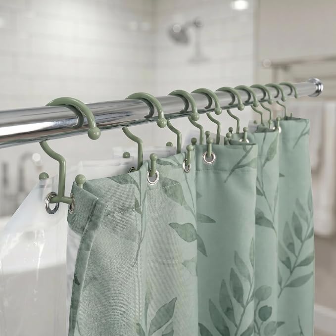 Bathway Green Shower Curtain Hooks, 12 Plastic Double Shower Curtain Rings | Hang Both Shower Curtain & Liner, Waterproof, Rust-proof, Sturdy, Durable, Flexible, Multifunctional, Universal, Easy to Use
