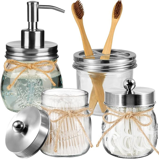 Amolliar Mason Jar Bathroom Accessories Set 4 Pcs -Lotion Soap Dispenser & 2 Qtip Holders & Toothbrush Holder - Rustic Farmhouse Decor, Bathroom Home Decor (Brushed Nickel)