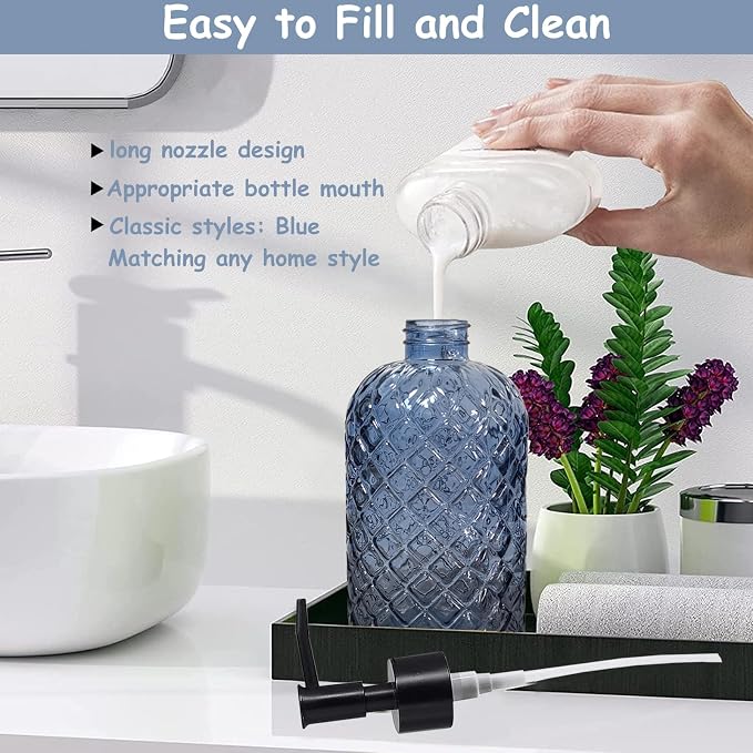 YYTSGG Blue Glass Dish Soap Dispenser for Kitchen, 12oz, 2 Pack | Refillable Liquid Hand Soap Dispenser Set, Crystal Lotion Bottle for Modern Home Decor, Bathroom Countertop, Hotel