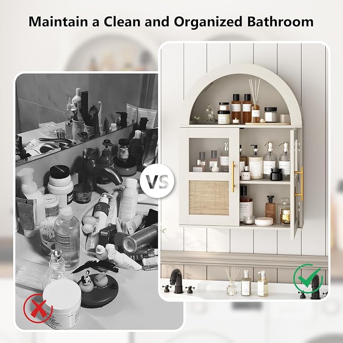 RUSTOWN Arched Bathroom Wall Cabinet with 2 Glass & Rattan Doors | Rattan Medicine Cabinet, Farmhouse Over the Toilet Storage Cabinet, Adjustable Shelves, 3-Tier Wall Mounted Cabinets