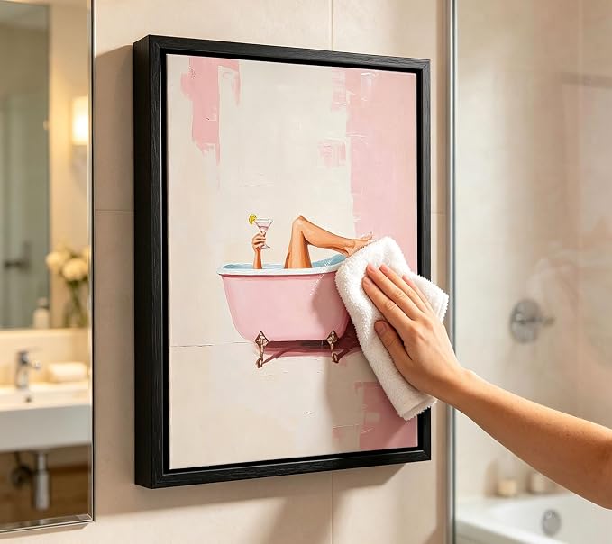 Black Floating Framed Funny Pink Bathroom Canvas Wall Art Trendy Charm Girl Bathtub Painting Picture Wall Decor Martini Cocktail Poster Print Artwork for Restroom Toilet Home Decoration 12x16in