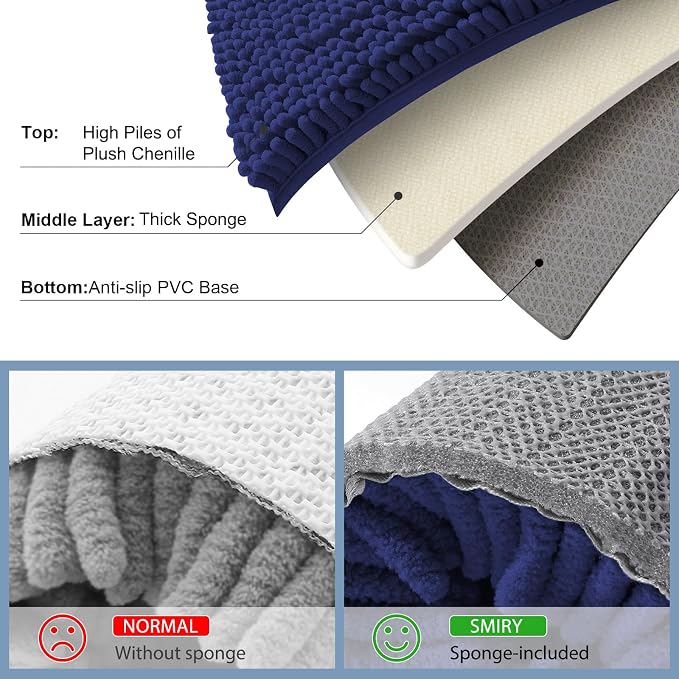 Smiry Bathroom Rugs 30X20, Luxury Chenille Extra Soft Absorbent Bath Mat | Deep Blue, Machine Washable Non-Slip Plush Bath Mats for Bathroom, Tub, Shower, and Floor, Home Decor