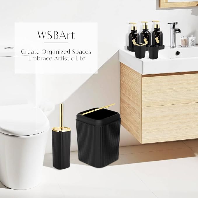 Bathroom Set, Black Bathroom Set Black and Gold Bathroom Accessories Set with Trash Can, 3PCS Soap Dispenser Bathroom Sets
